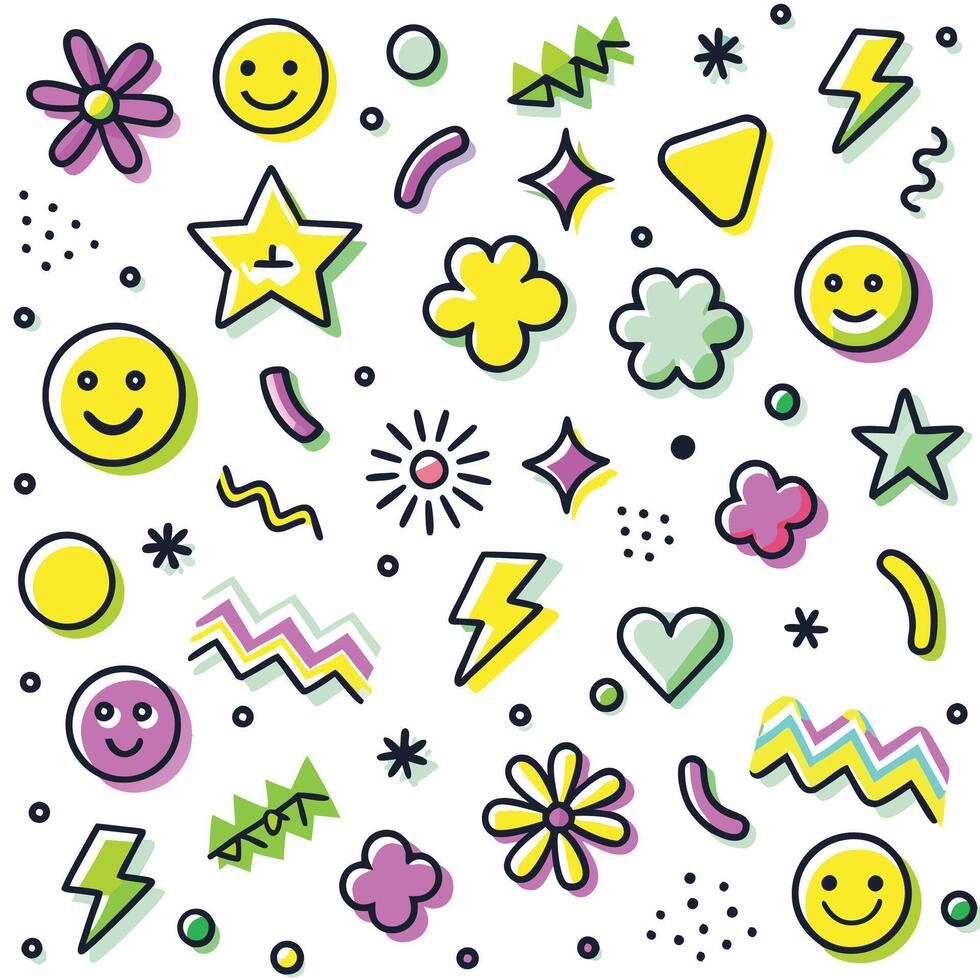 a colorful set of smiley faces and other objects vector