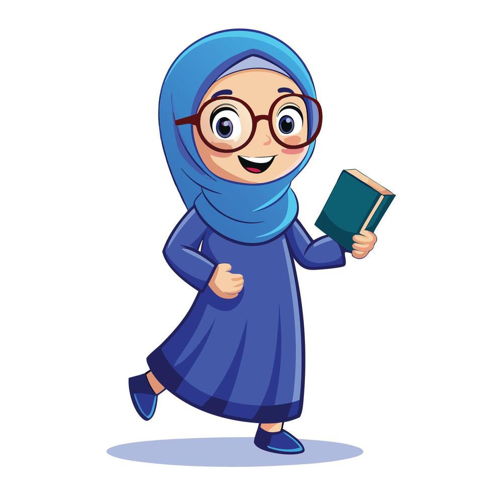 muslim girl cartoon character with book and glasses vector