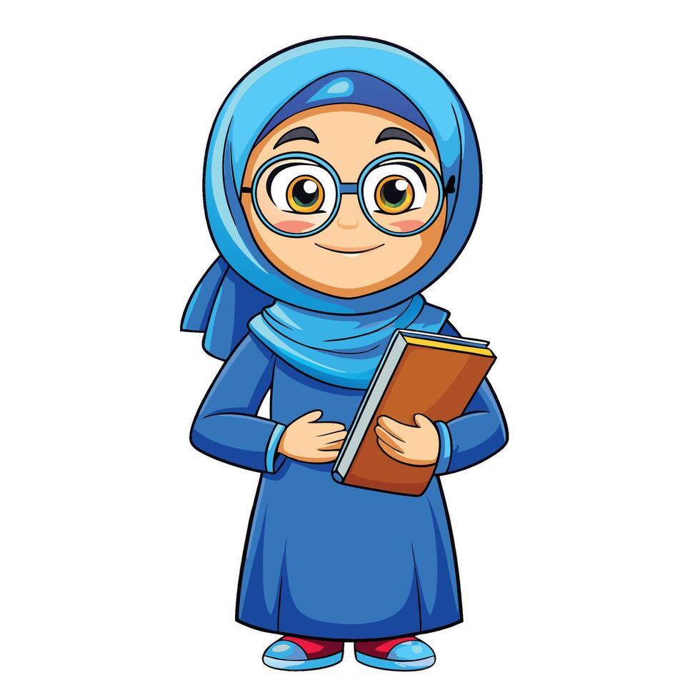 muslim girl in hijab holding book vector