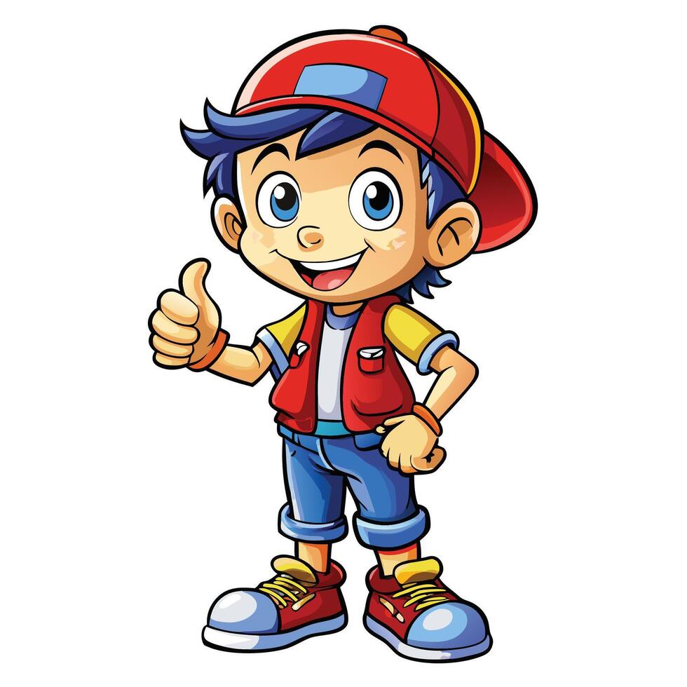 cartoon boy in red cap and jeans giving thumbs up vector