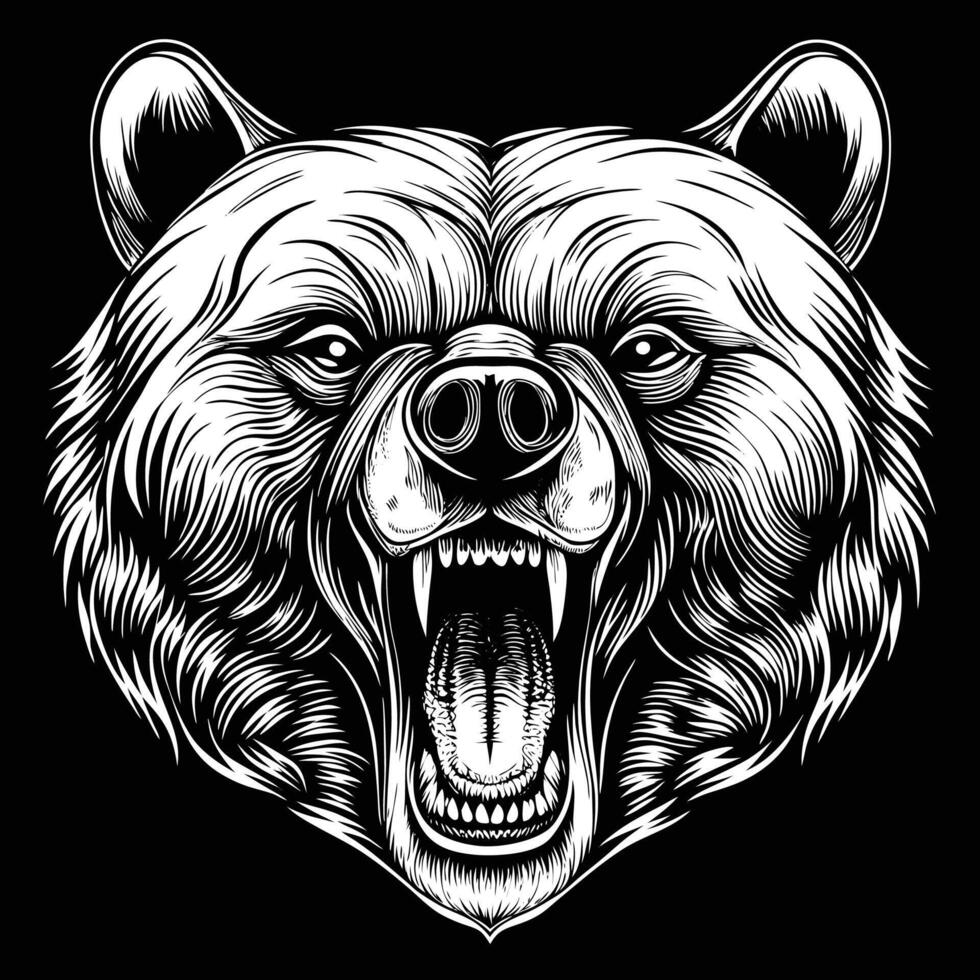 the head of a bear is shown in a black and white drawing vector
