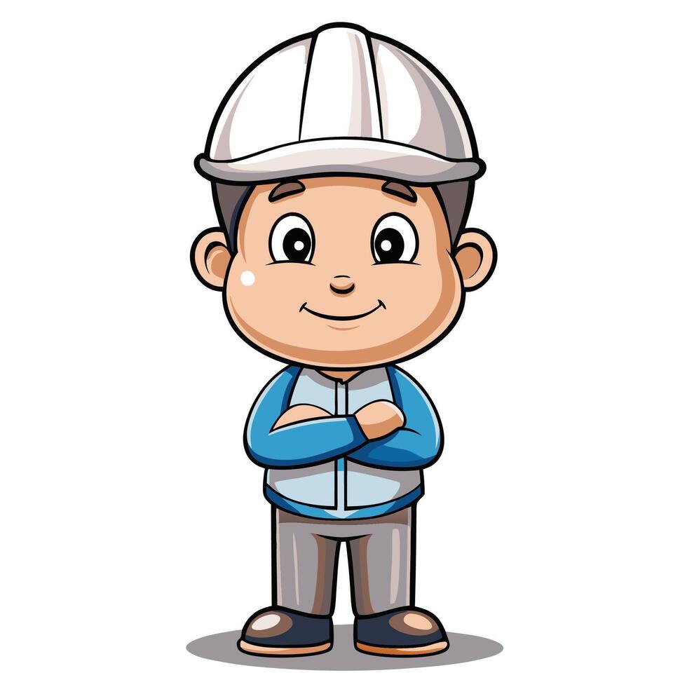 cartoon boy in hard hat standing with arms crossed vector