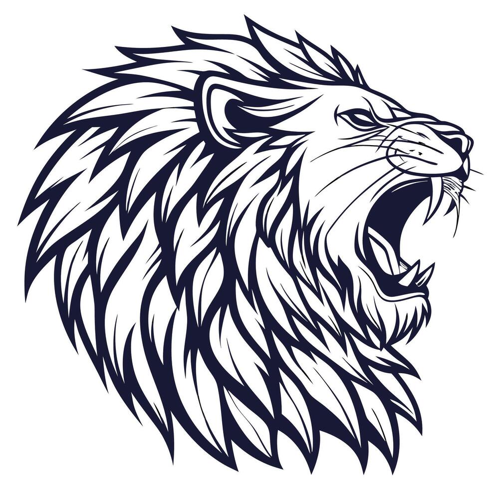 lion head with open mouth, black and white vector