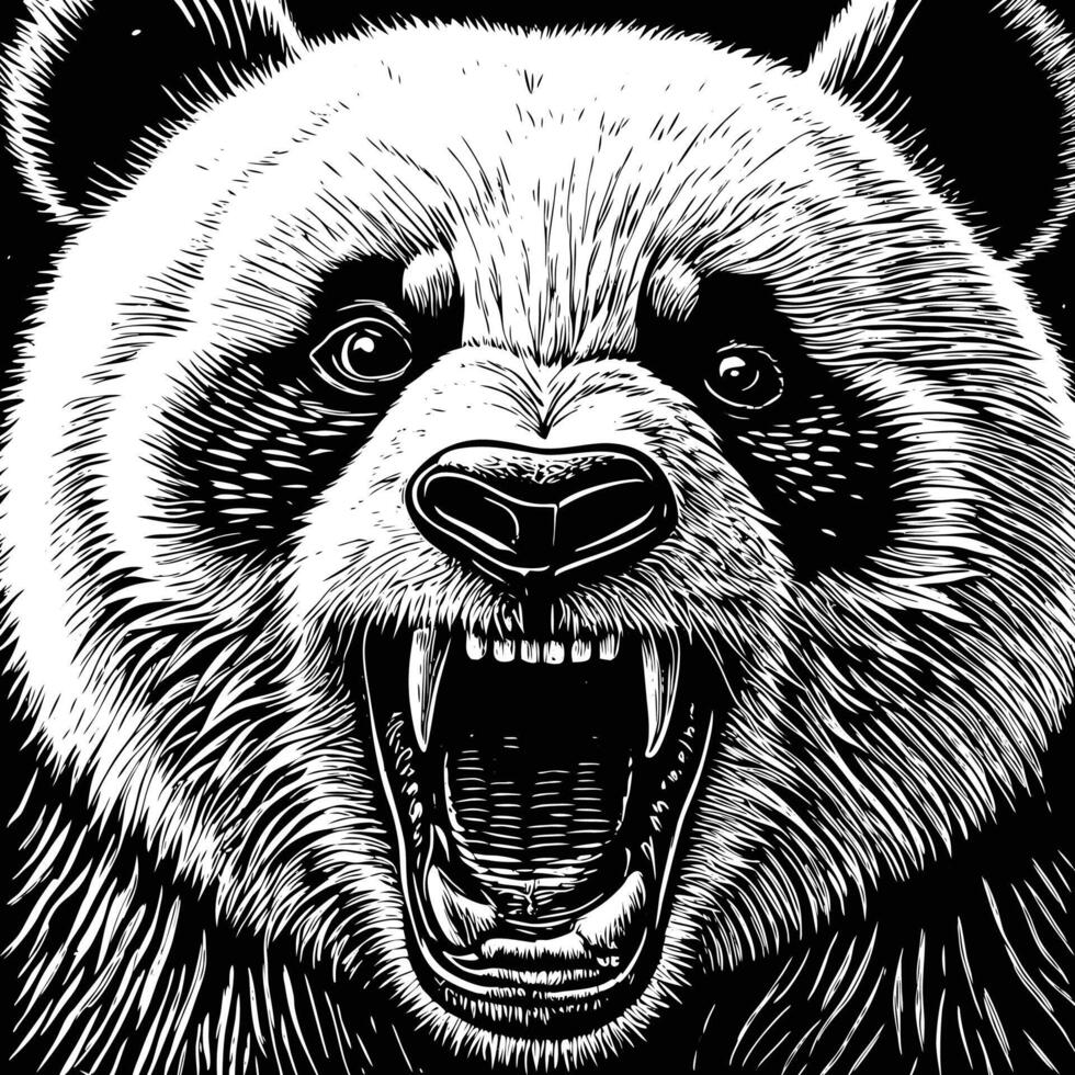 a black and white illustration of a panda bear with its mouth open vector