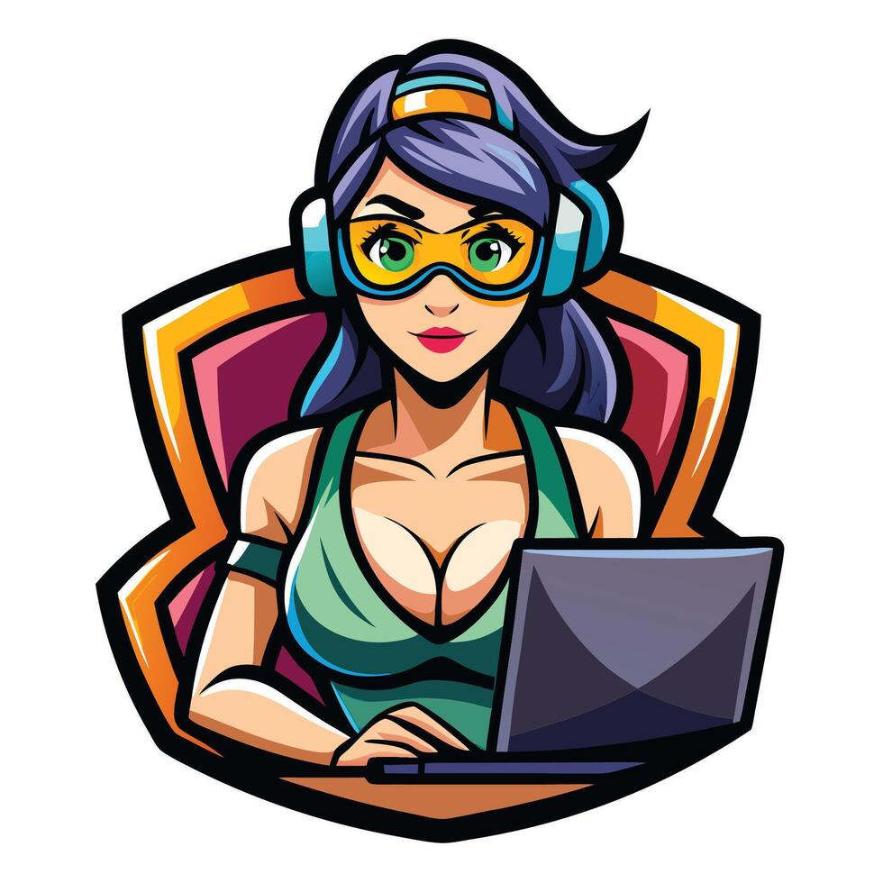 a cartoon woman with headphones and a laptop vector