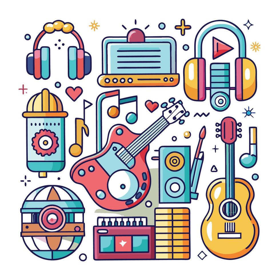 music and audio equipment icons in a flat line style vector