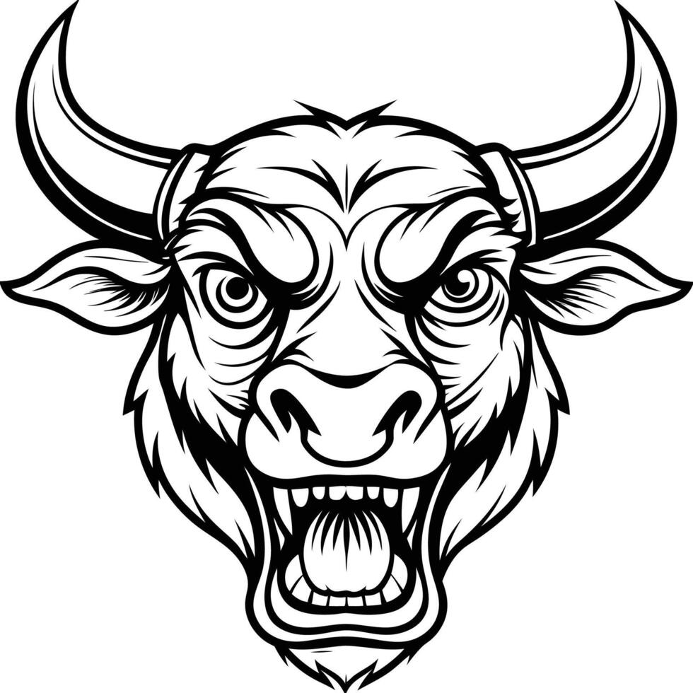 an angry bull head with horns and a mouth open vector