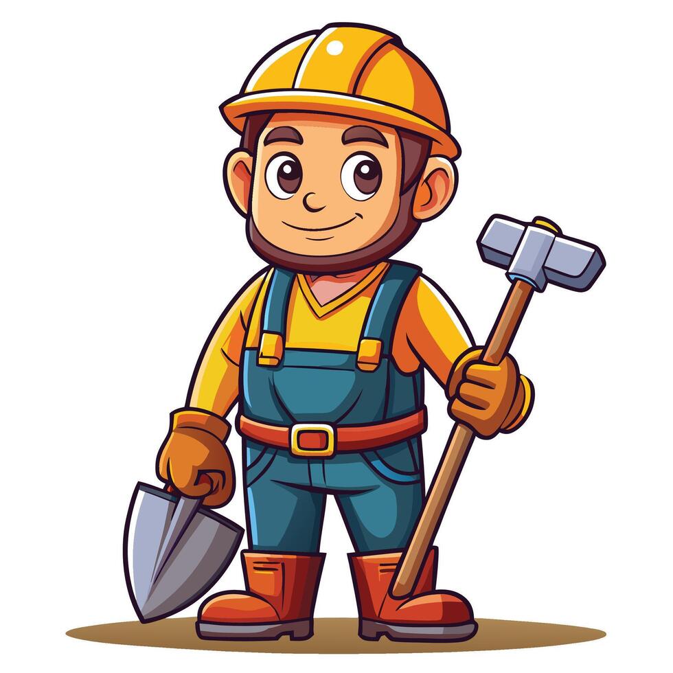cartoon construction worker holding a shovel and hammer vector