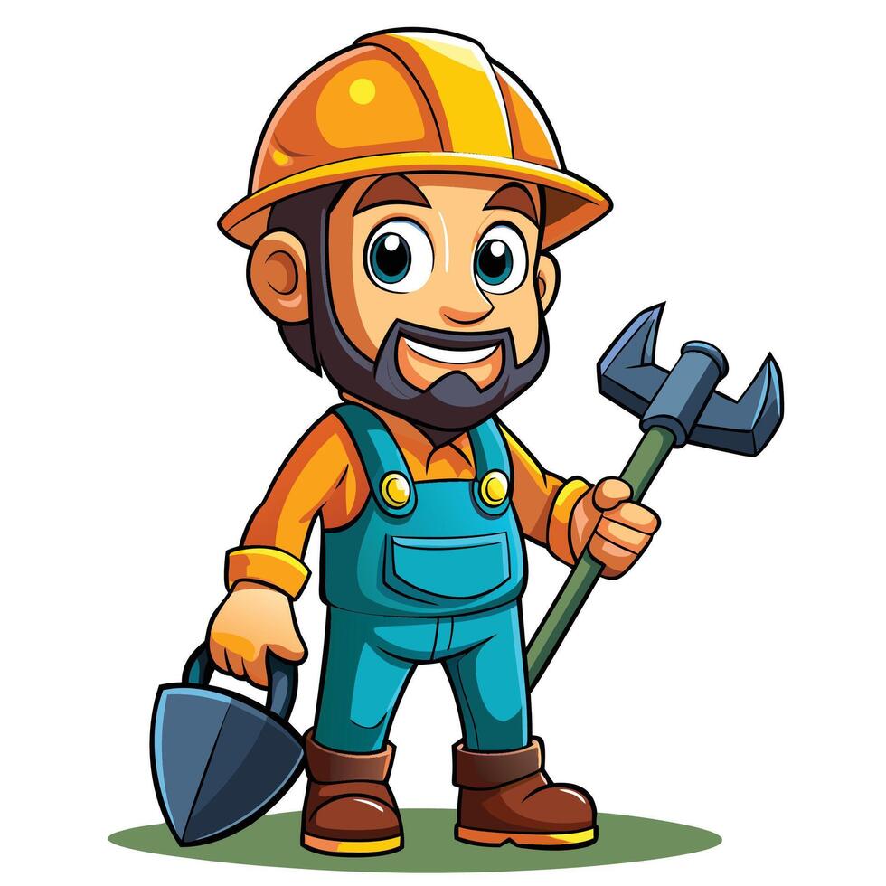 cartoon construction worker holding a shovel and a pick vector