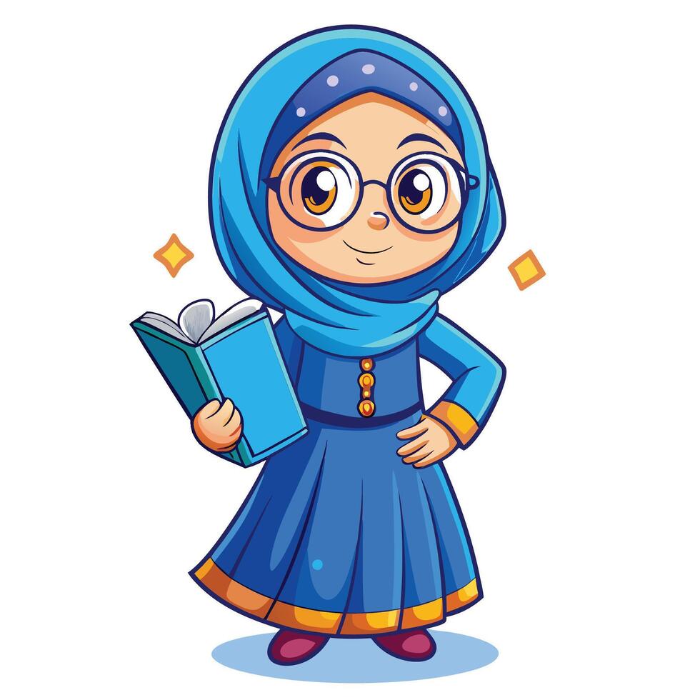 muslim girl in blue hijab holding a book vector