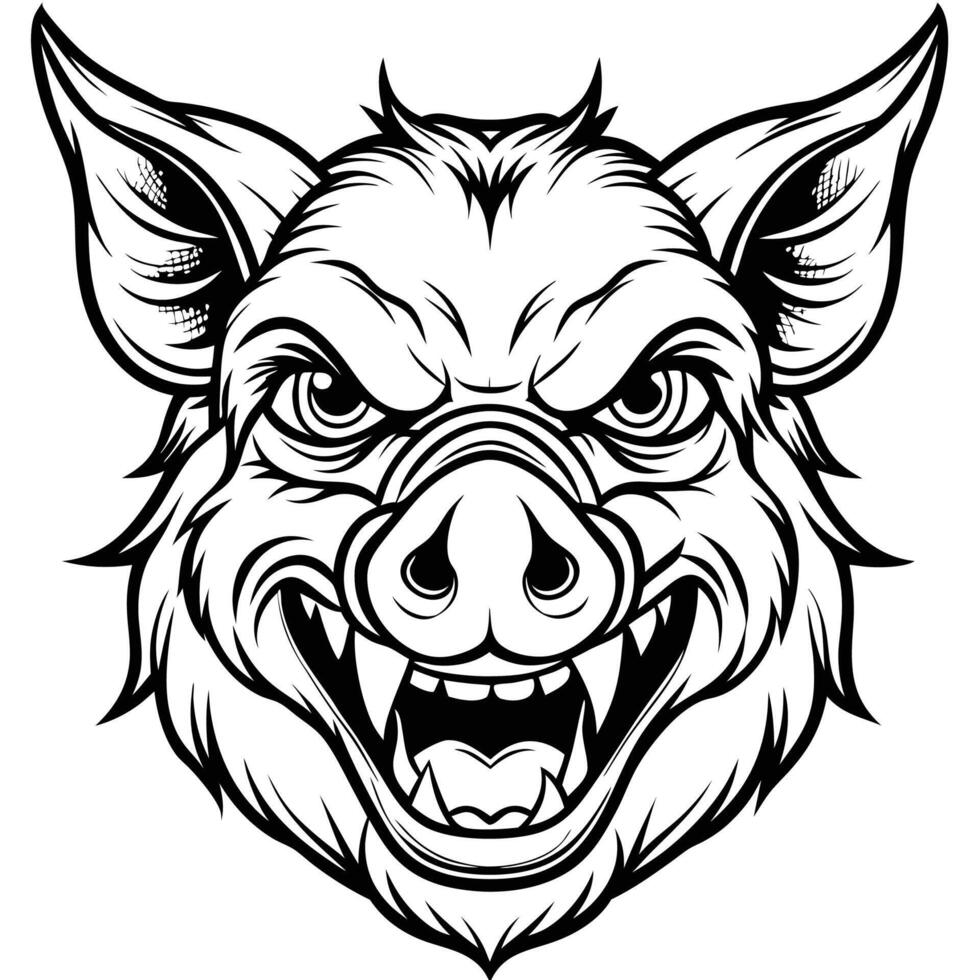 a black and white illustration of a pig head vector