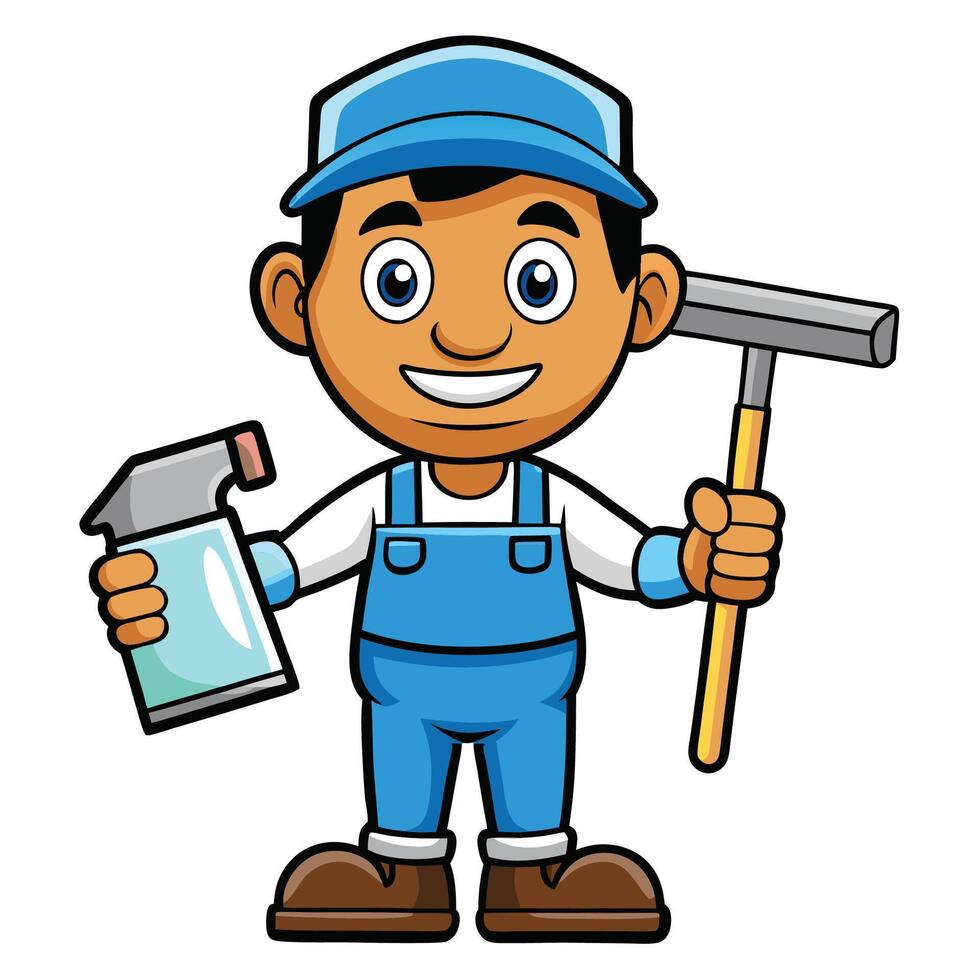 a cartoon man in overalls holding a sprayer and a mop vector