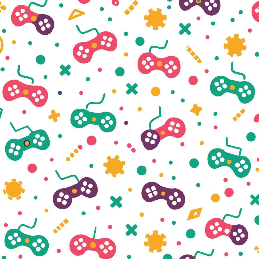 seamless pattern with colorful game controllers and other objects vector