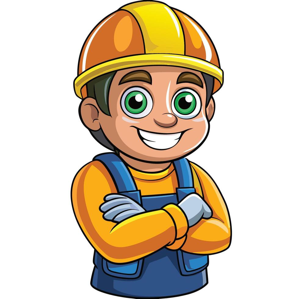 cartoon construction worker with arms crossed illustration vector