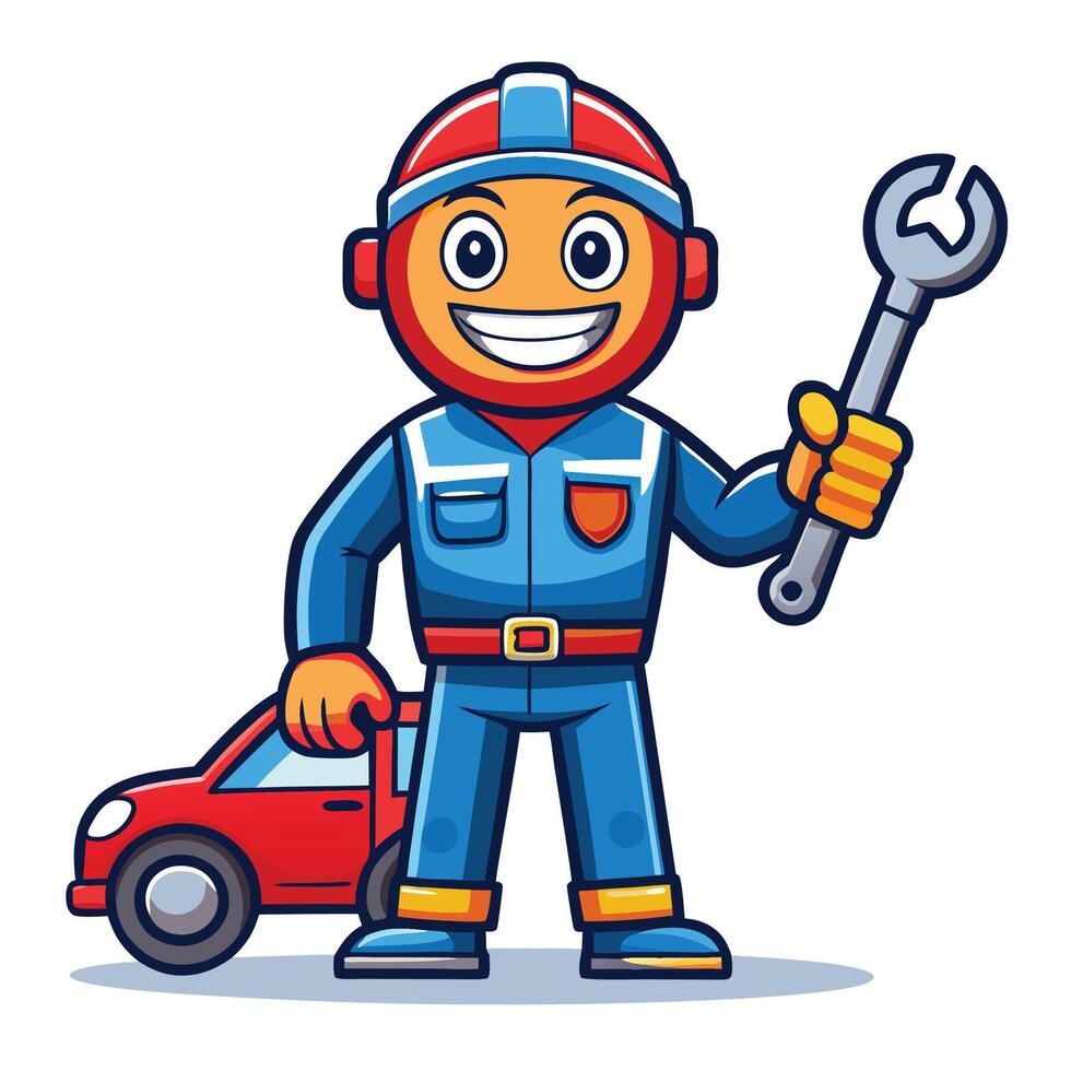 a cartoon mechanic holding a wrench and a car vector