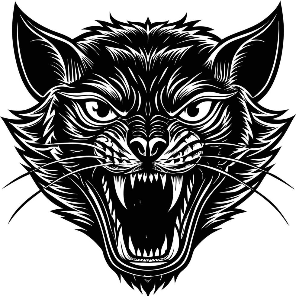 a black and white illustration of a cat head with fangs vector