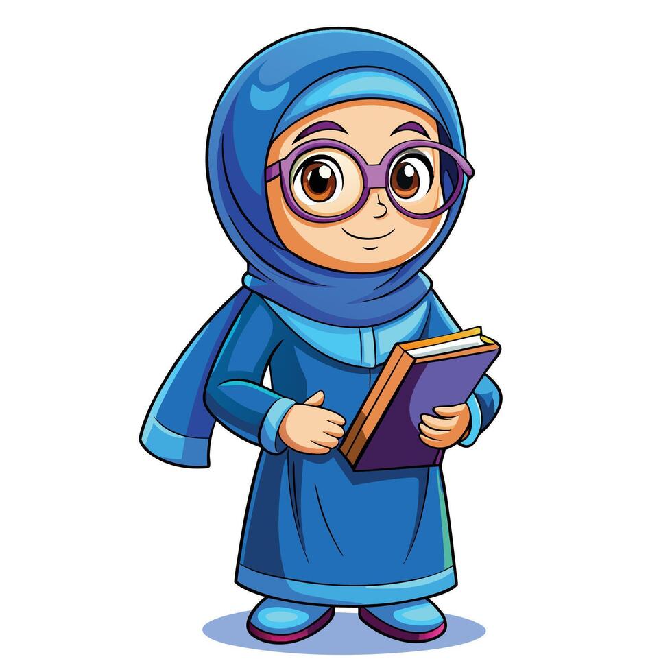 muslim girl in hijab holding a book vector