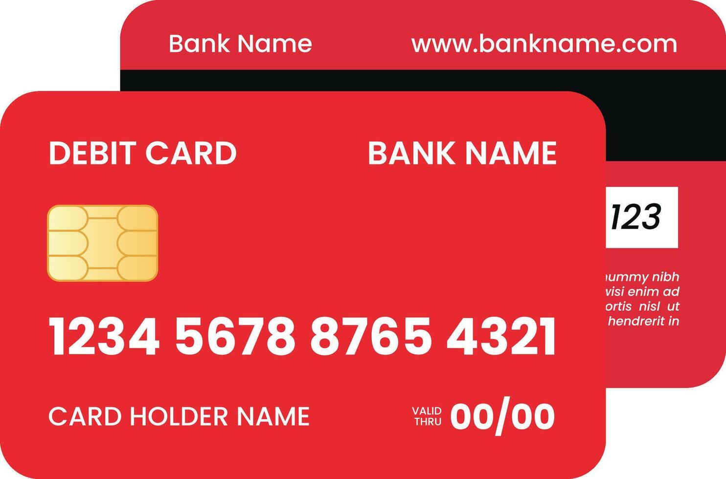 Detailed Text Red Debit Card with Front and Bottom View vector