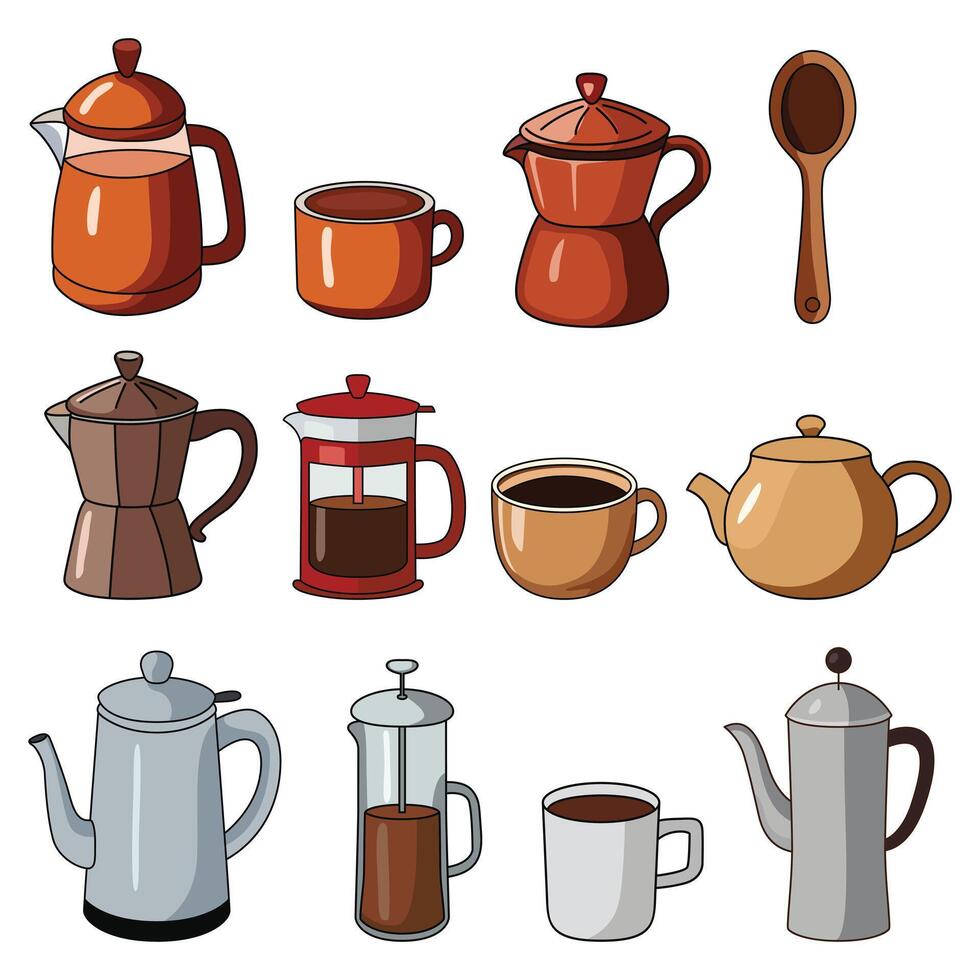 Set of Hand-Drawn Coffee Cups and Kettles vector