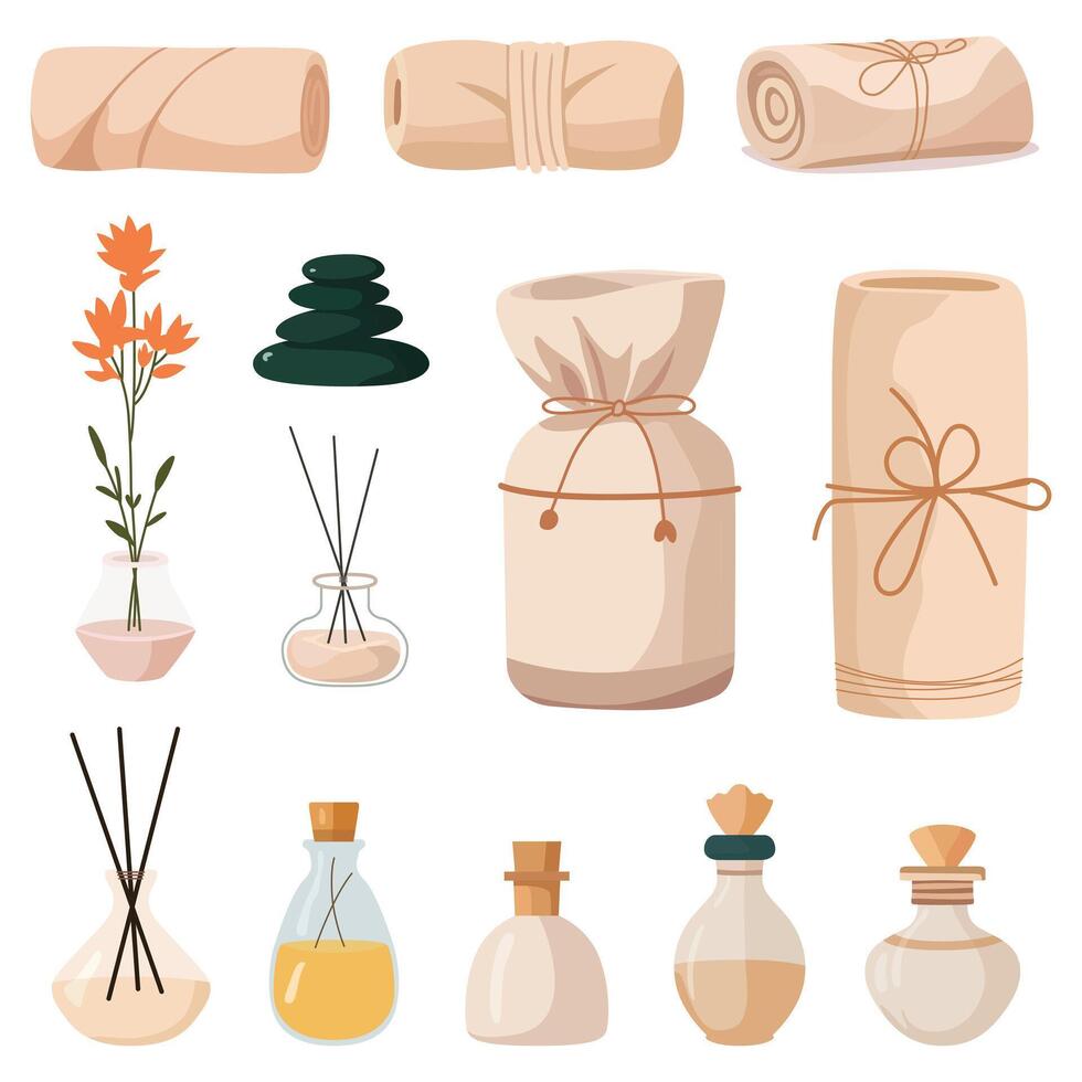 Set of Hand-Drawn Spa Elements Towels and Perfumes vector