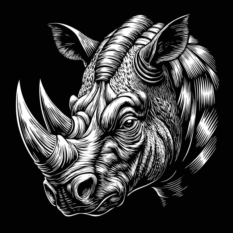 rhino head in a wood engraving style on a black background vector
