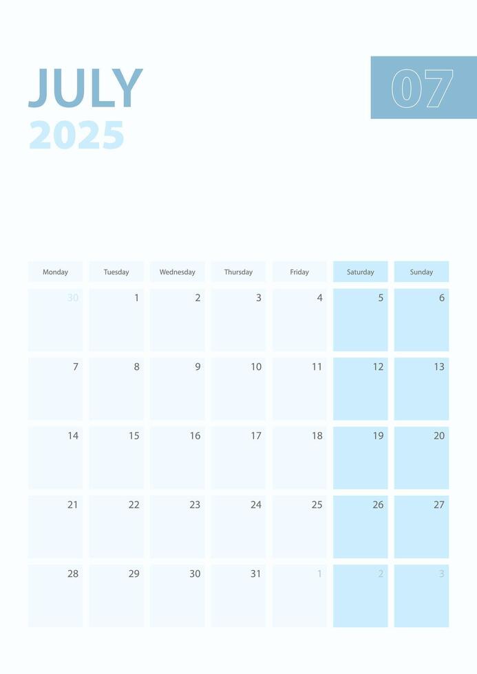 Vertical calendar page of July 2025, Week starts from Monday. vector