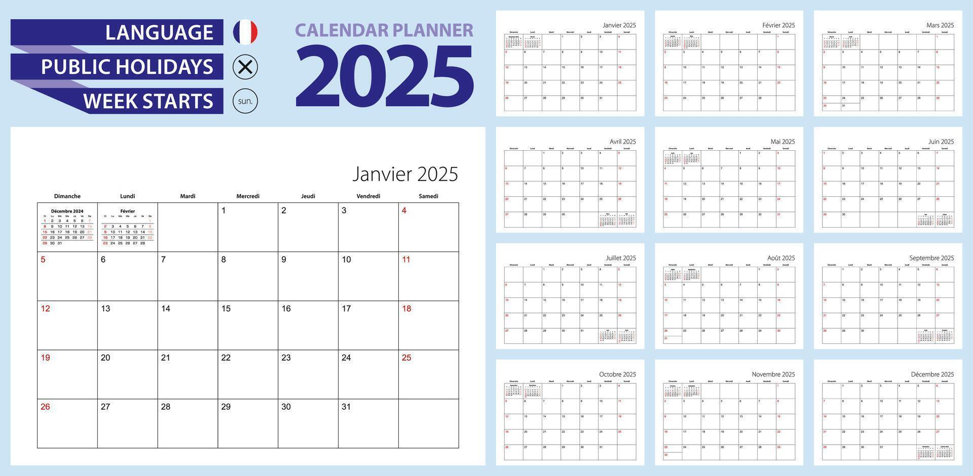 French calendar planner for 2025. French language, week starts from Sunday. vector