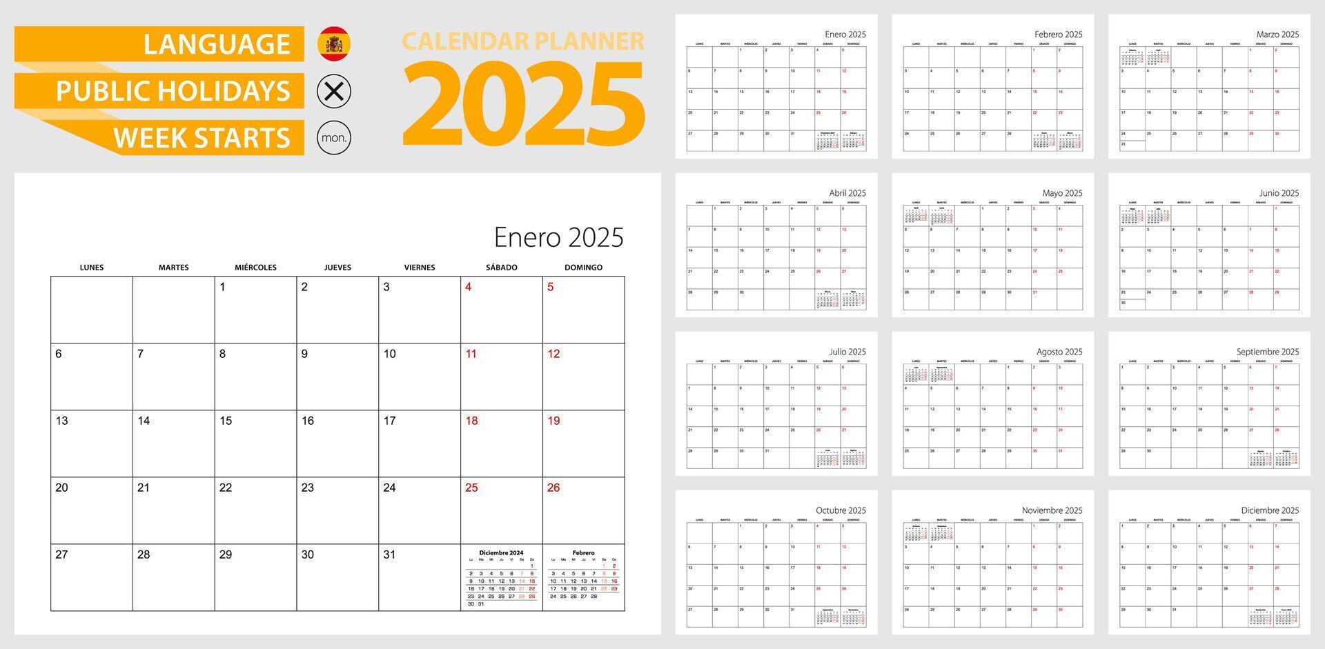 Spanish calendar planner for 2025. Spanish language, week starts from Monday. vector