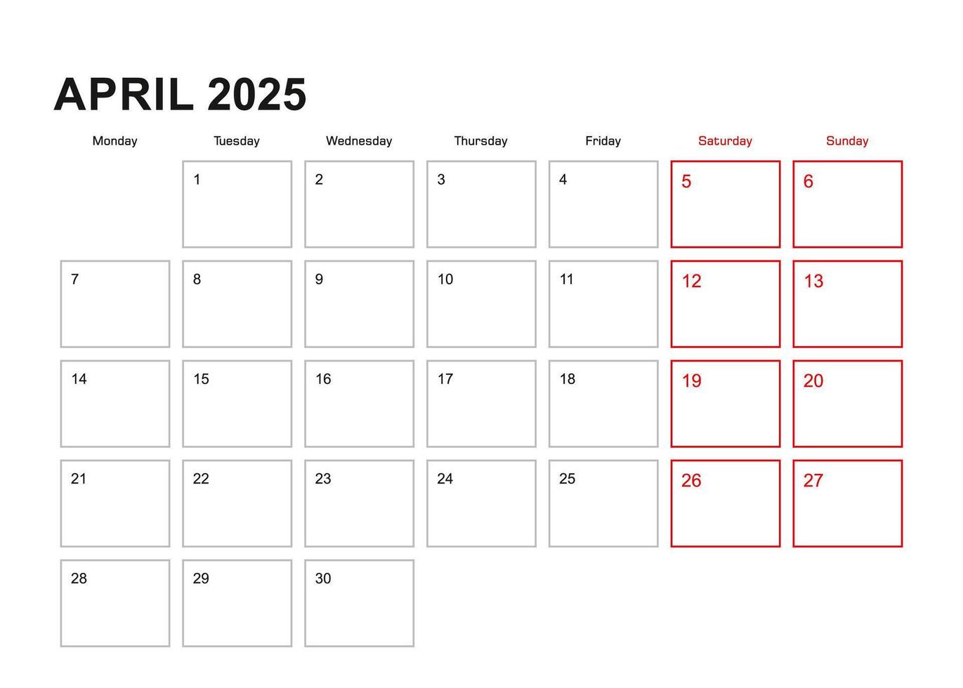 Wall planner for April 2025 in English language, week starts in Monday. vector