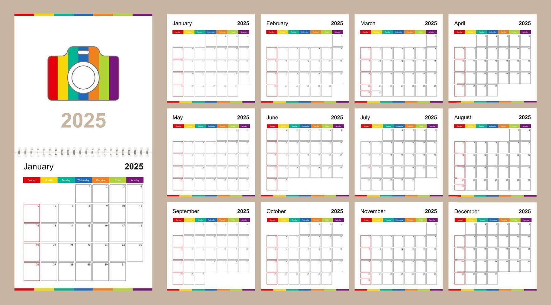 Colorful wall calendar for 2025 on beige background, week starts on Sunday. vector