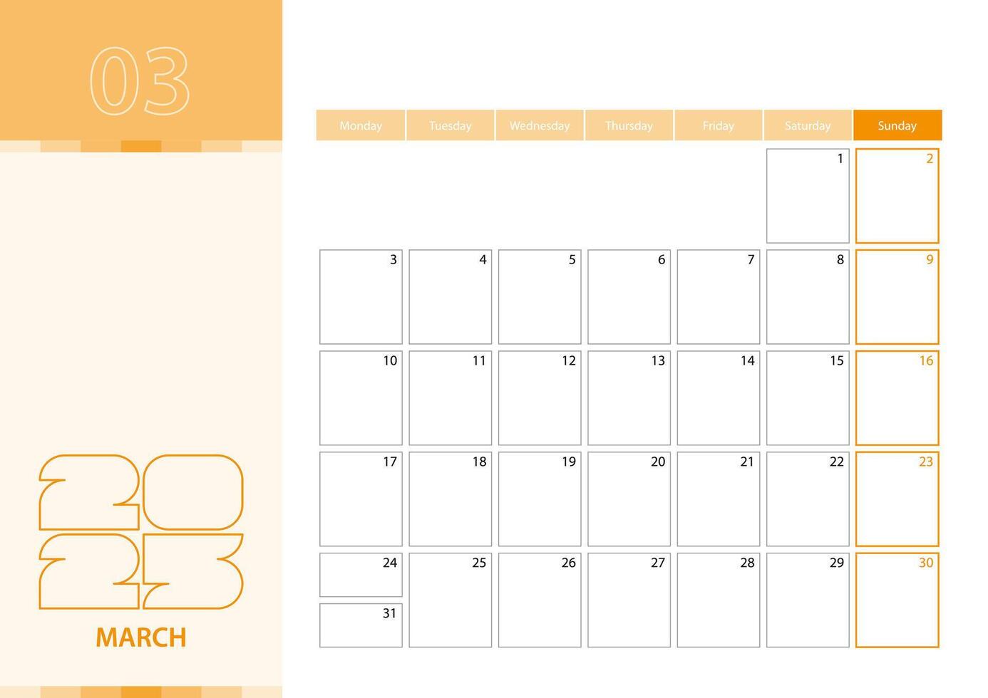 Horizontal planner for March 2025 in the orange color scheme. The week begins on Monday. A wall calendar in a minimalist style. vector