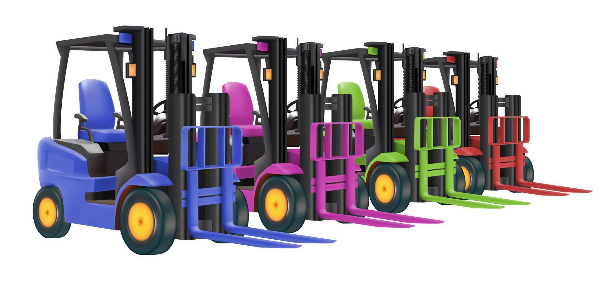 forklift art 3Ddesign bright colors warehouse template services. Warehousing, storage, sorting, loading of goods Automatic robotic forklift truck white background vector