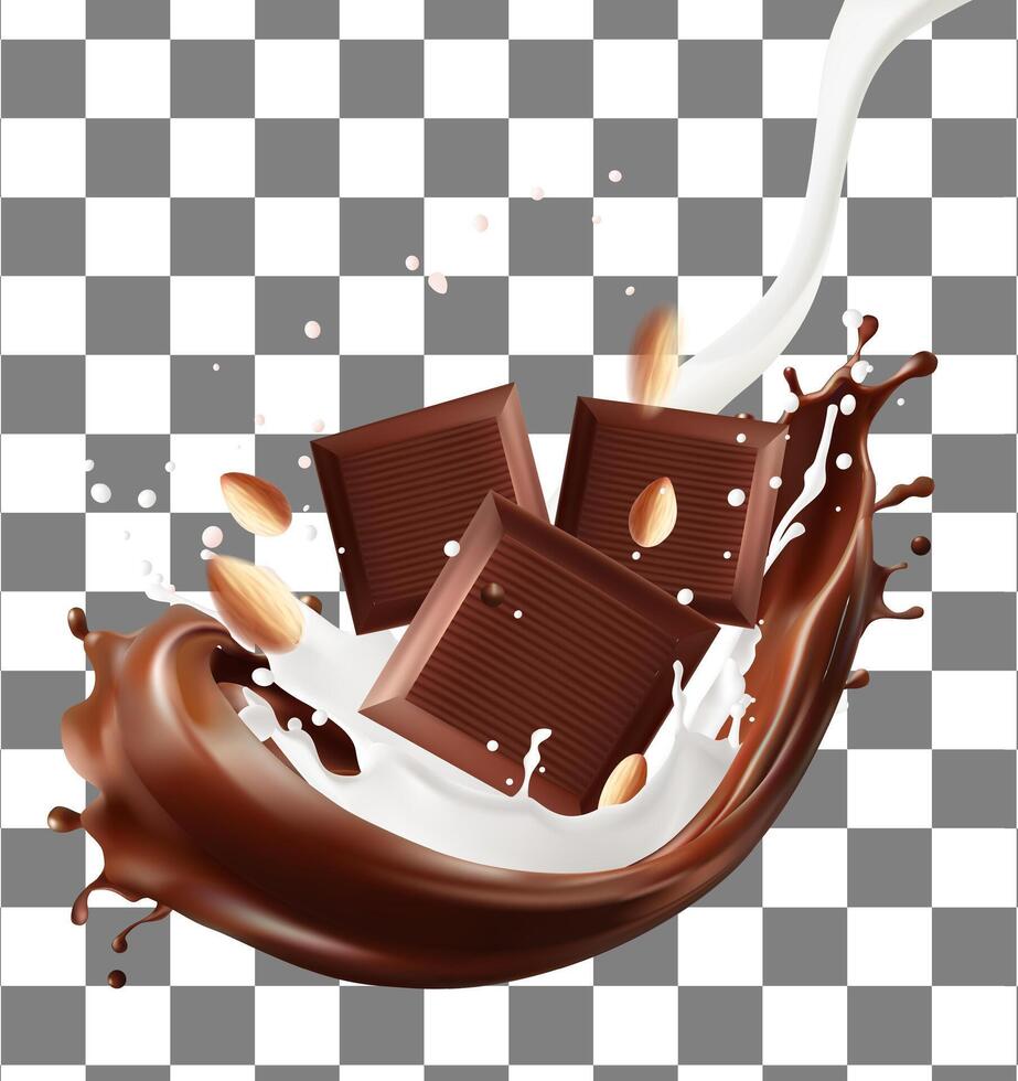 pieces chocolate and Almond nut. Milk Splashing chocolate Mesh gradient wes used,Splash vector