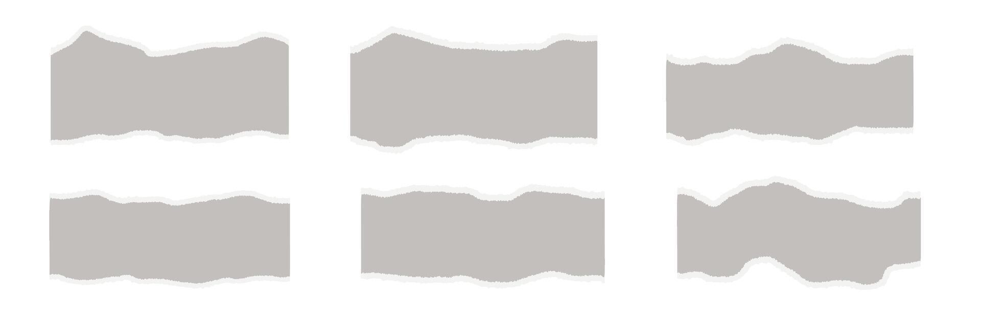 Torn paper pieces set featuring ripped edges and textured cutouts with notebook scraps, frames, and borders for scrapbook templates isolated on white background vector