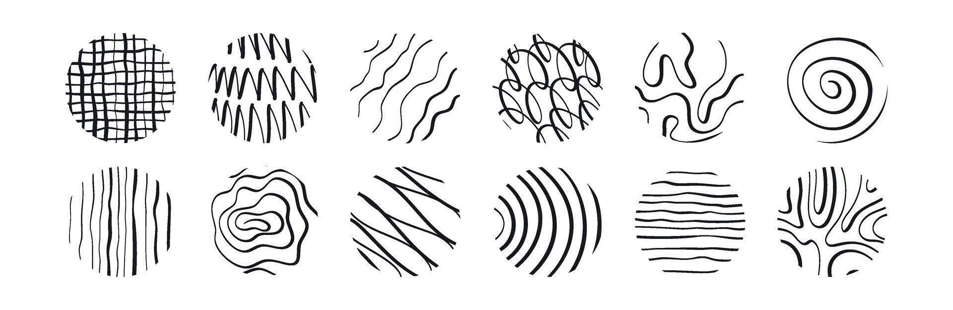 Abstract hand-drawn line collection with brush strokes, spirals, and geometric symbols featuring modern sketchy doodles with texture isolated on white background vector