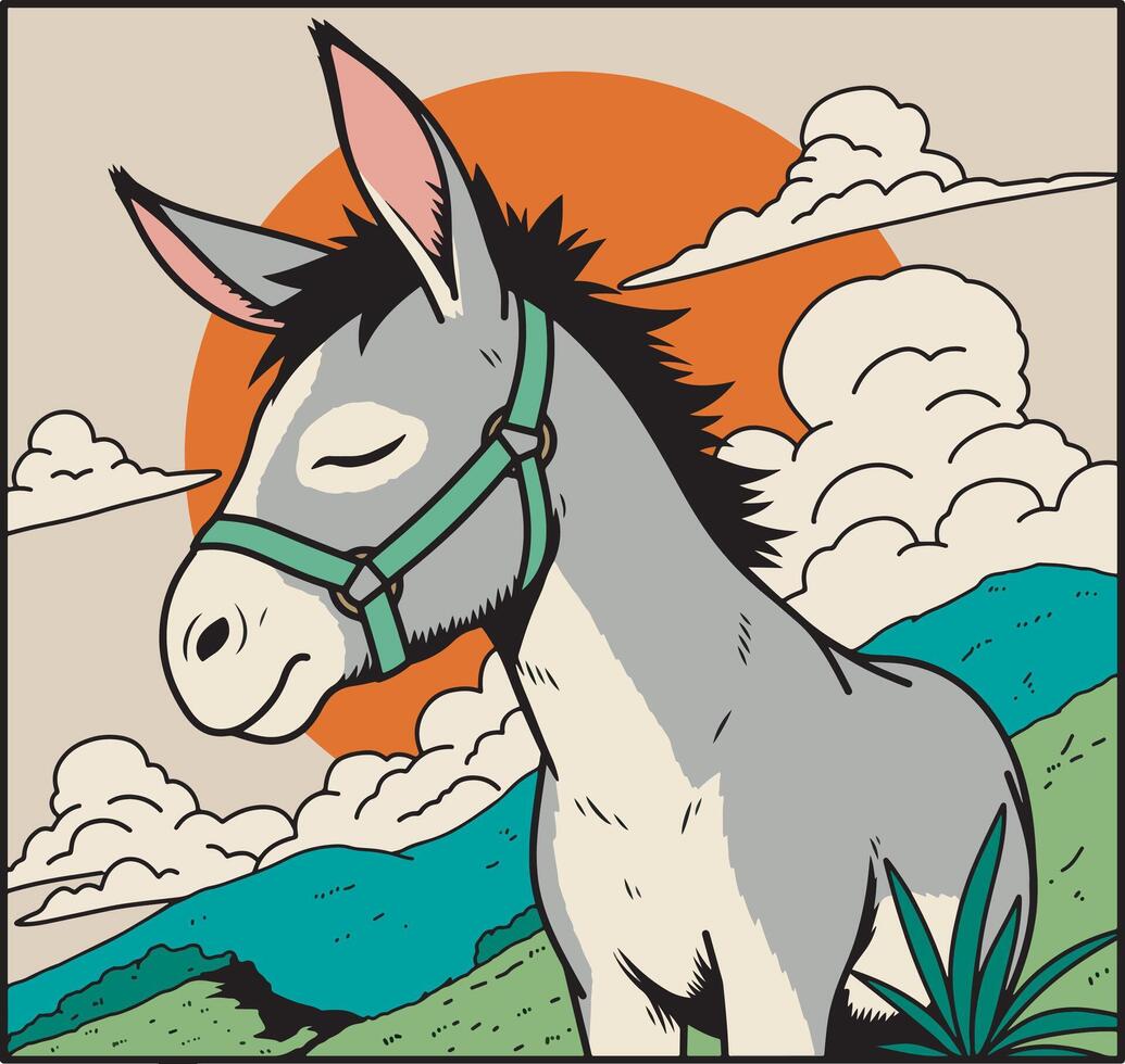 Donkey in the meadow design illustration vector