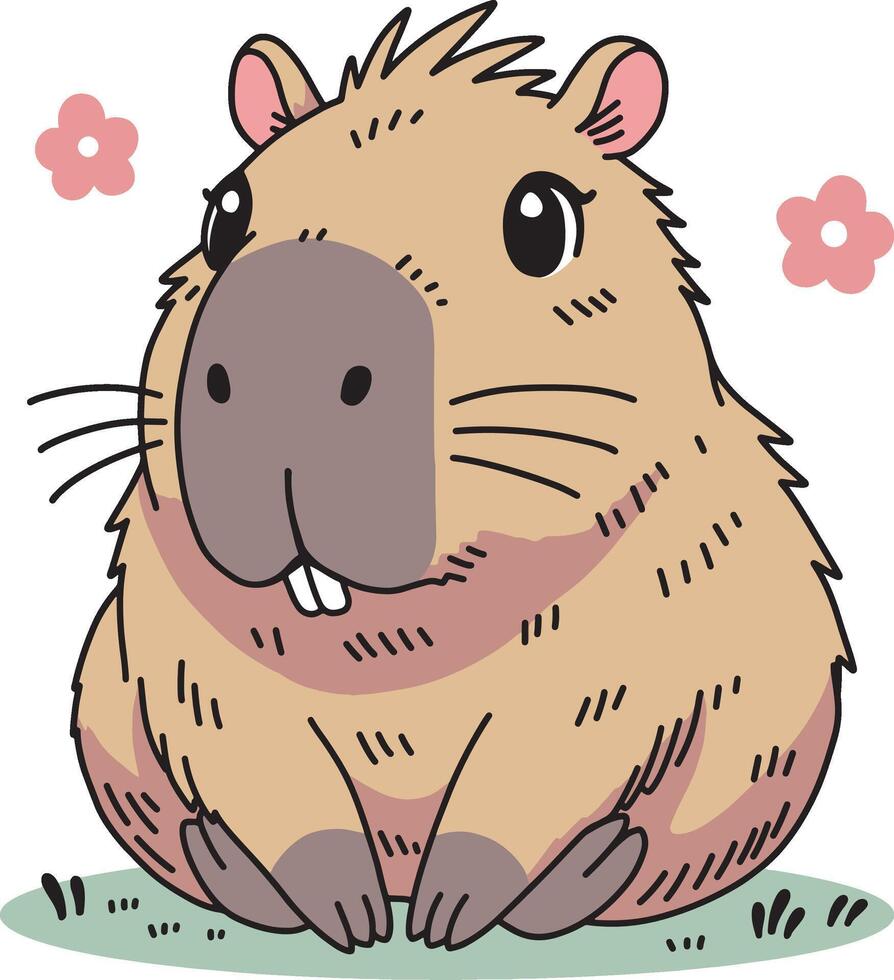 Cute capybara cartoon with red flower illustration vector