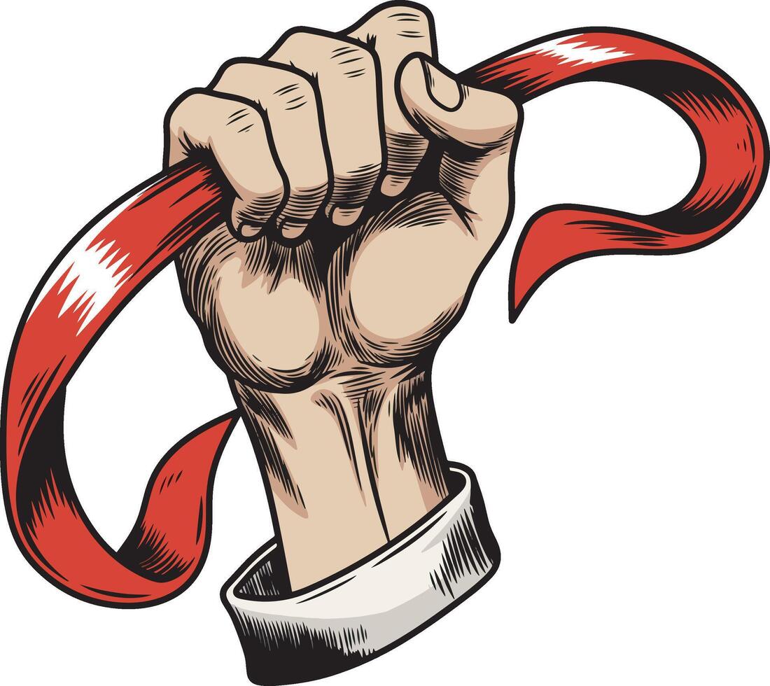Hand with red ribbon hand drawn illustration vector