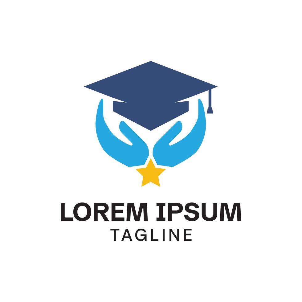 The education logo with a hand symbol protecting a toga hat, depicts a commitment to providing quality education vector