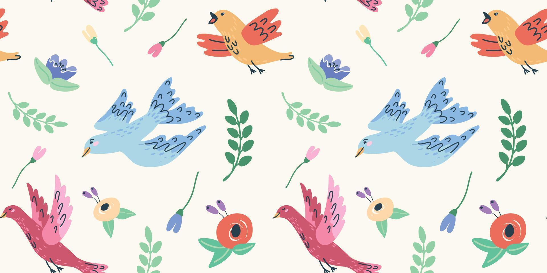 handdrawn seamless pattern with birds and flowers on it. Perfect for romantic design vector
