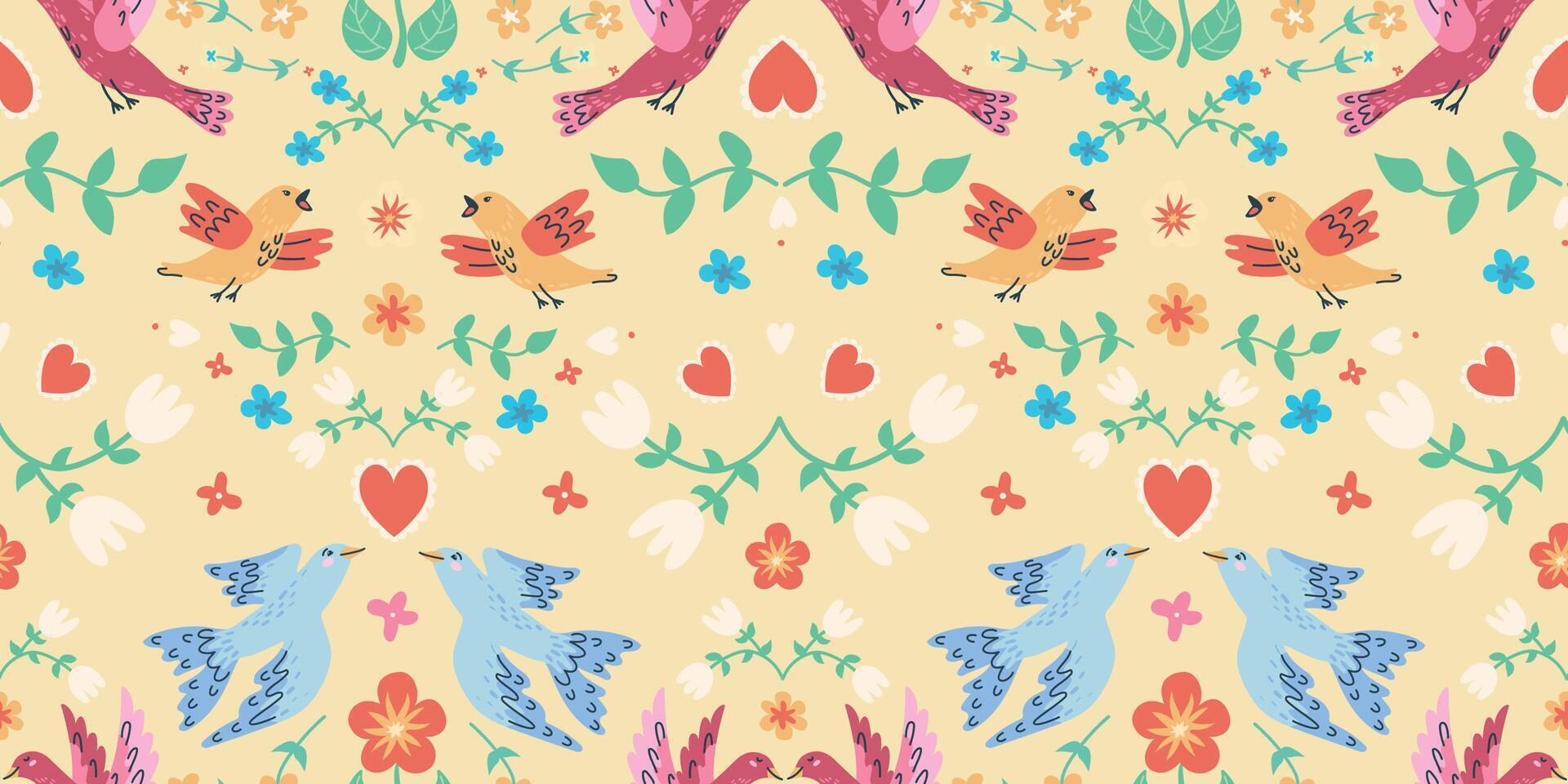 handdrawn seamless pattern with birds and flowers on a yellow background. Perfect for romantic design vector
