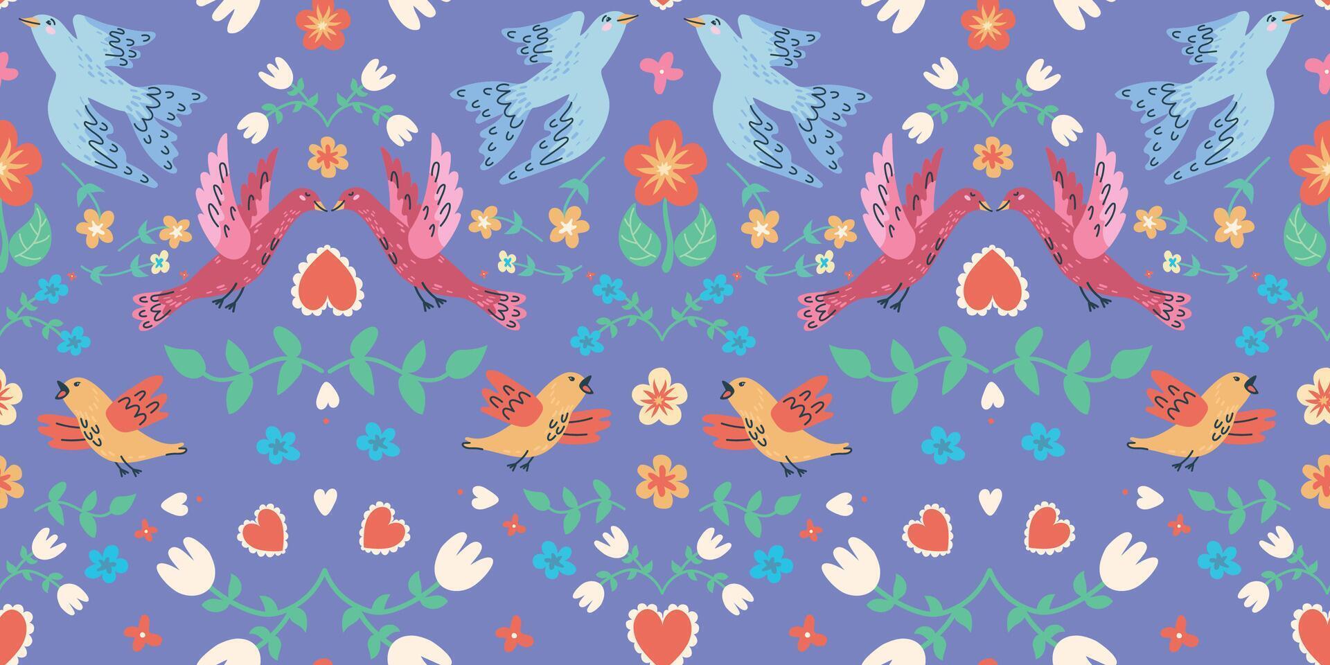A purple handdrawn seamless pattern with birds and flowers. Perfect for romantic design vector