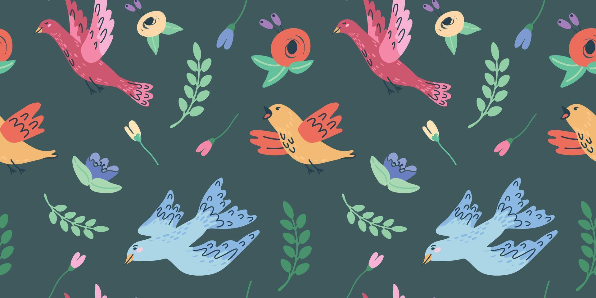 handdrawn seamless pattern with birds and flowers. Perfect for wedding design vector