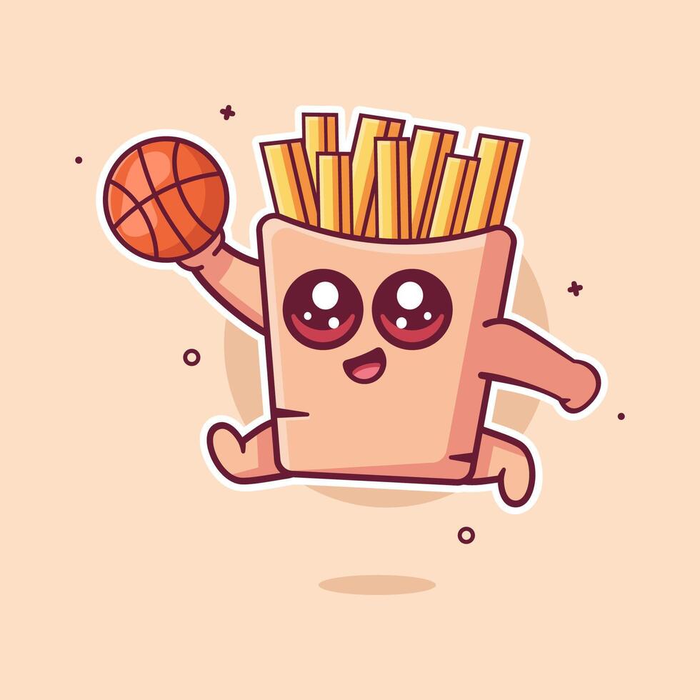 cheerfull french fries food character mascot playing basketball isolated cartoon in flat style design vector
