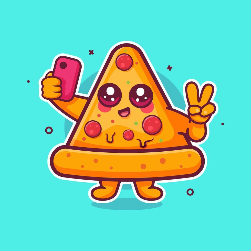 happy pizza slice food character mascot taking a selfie with a smartphone isolated cartoon vector