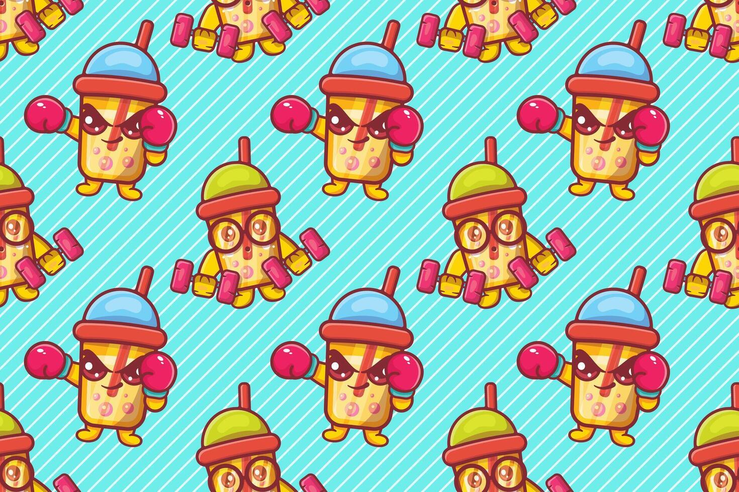 cute bubble tea drink character seamless pattern illustration background vector