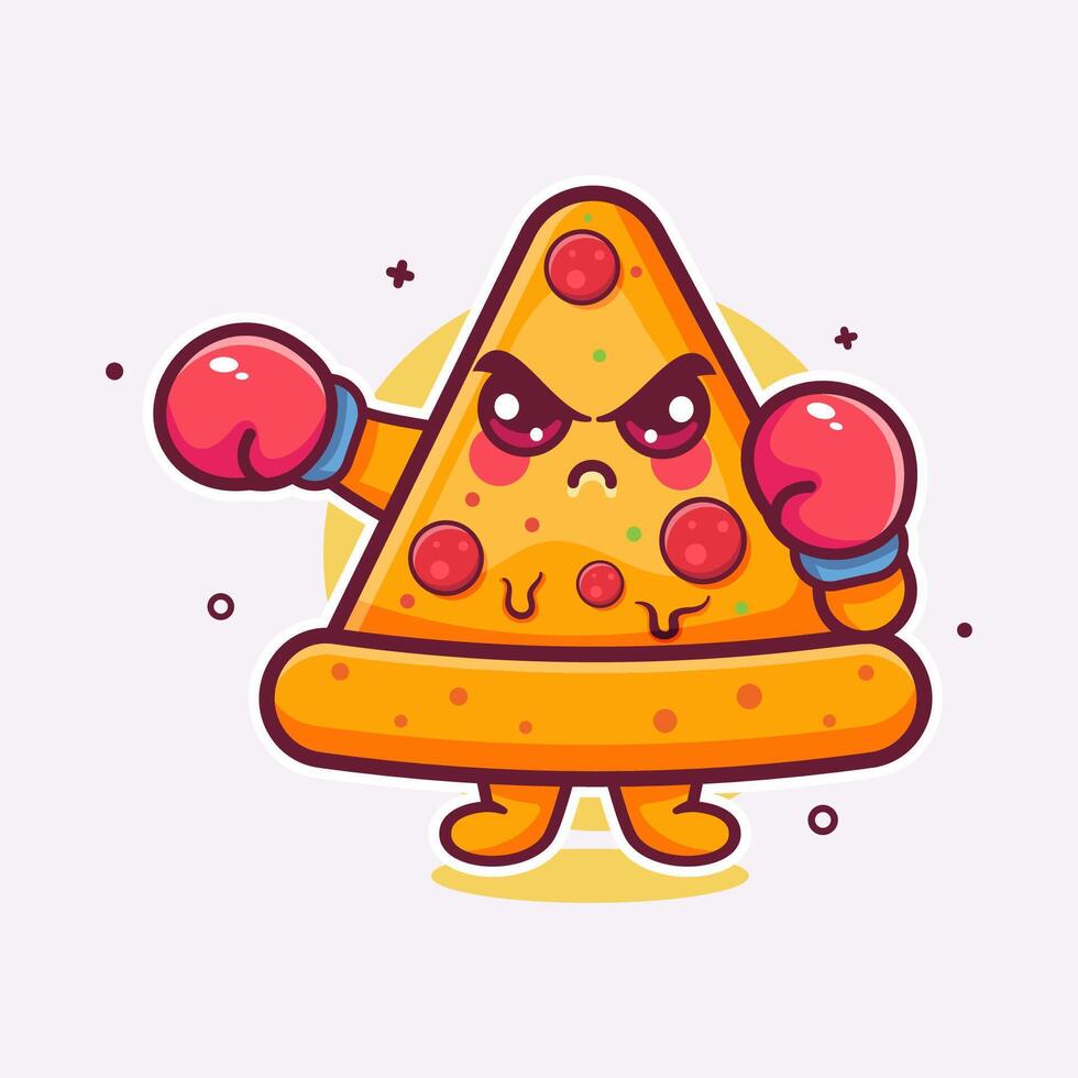 angry pizza slice food character mascot playing boxing sport isolated cartoon vector