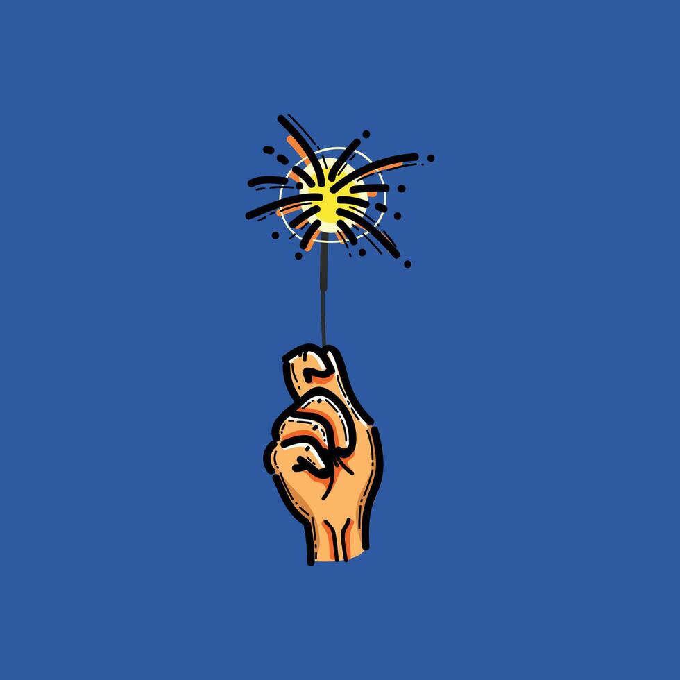 Illustration of a hand holding a lit sparkler against a blue background, symbolizing celebration, festive joy, and holiday spirit. The vibrant composition conveys excitement and festive charm. vector