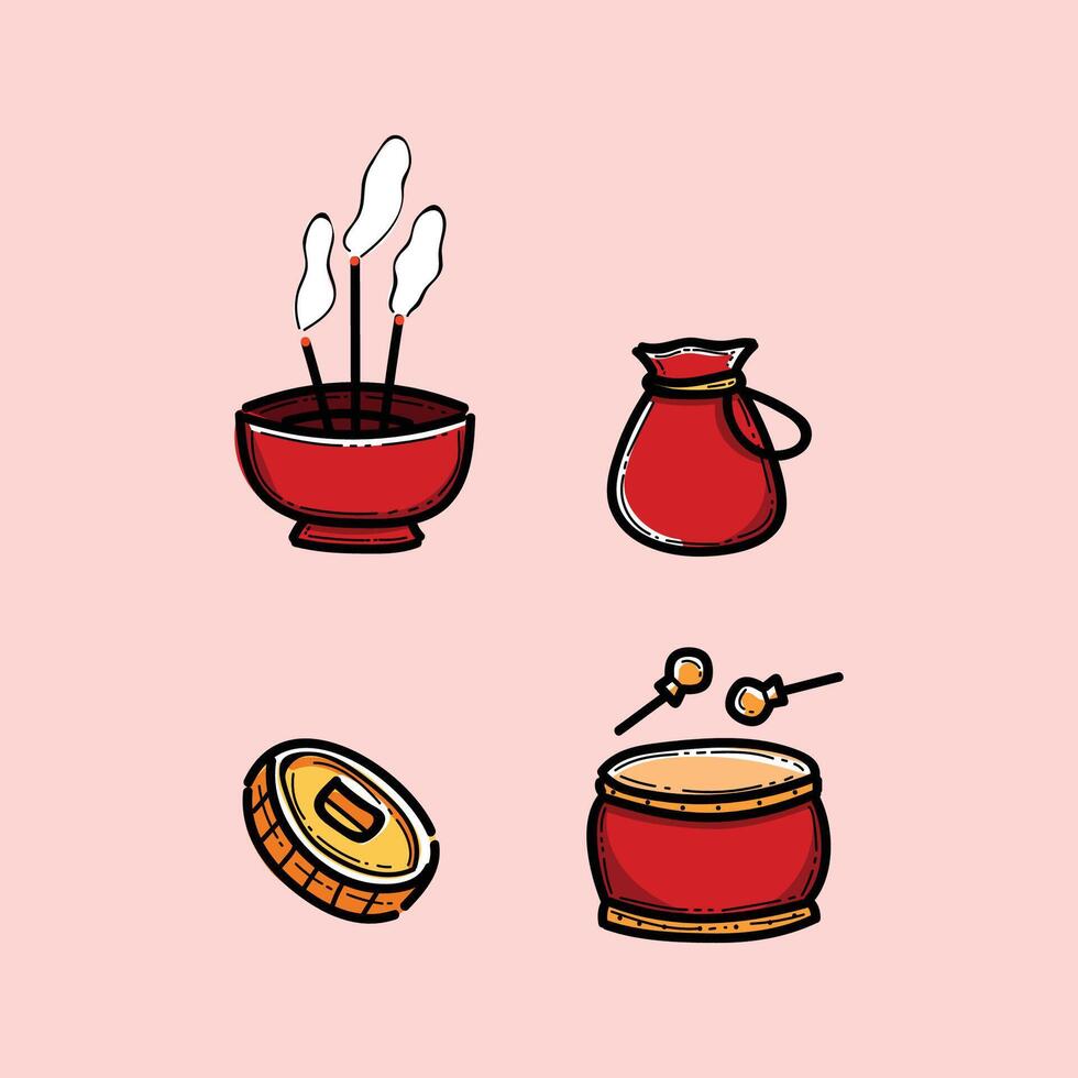 illustration featuring traditional ritual items, including incense sticks, a drum, a gong, and a jar, all in a red and gold color scheme, set against a pastel pink backdrop. vector