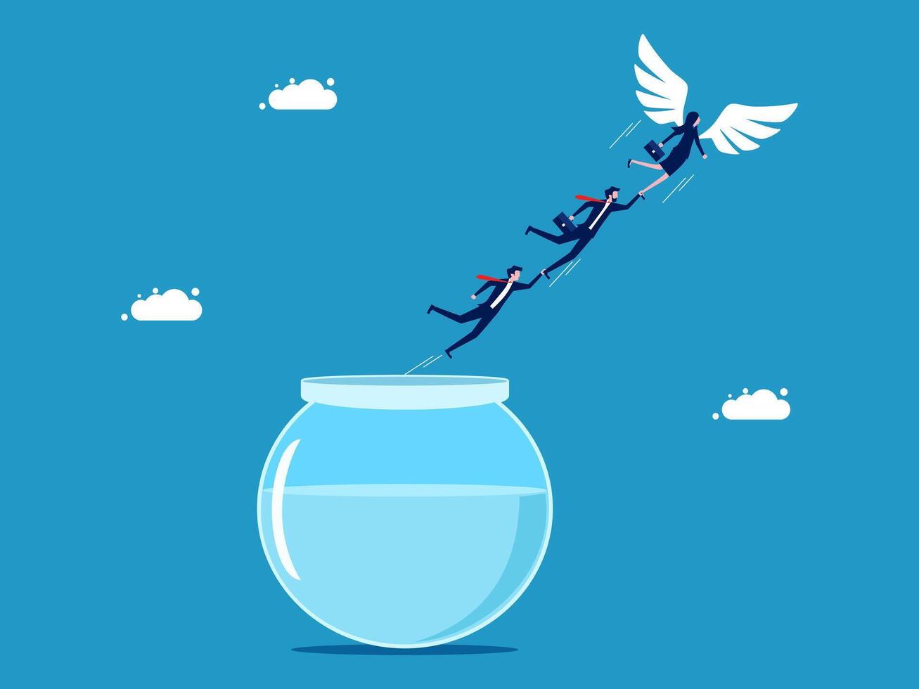 business people flying in the air with wings on a fish bowl vector